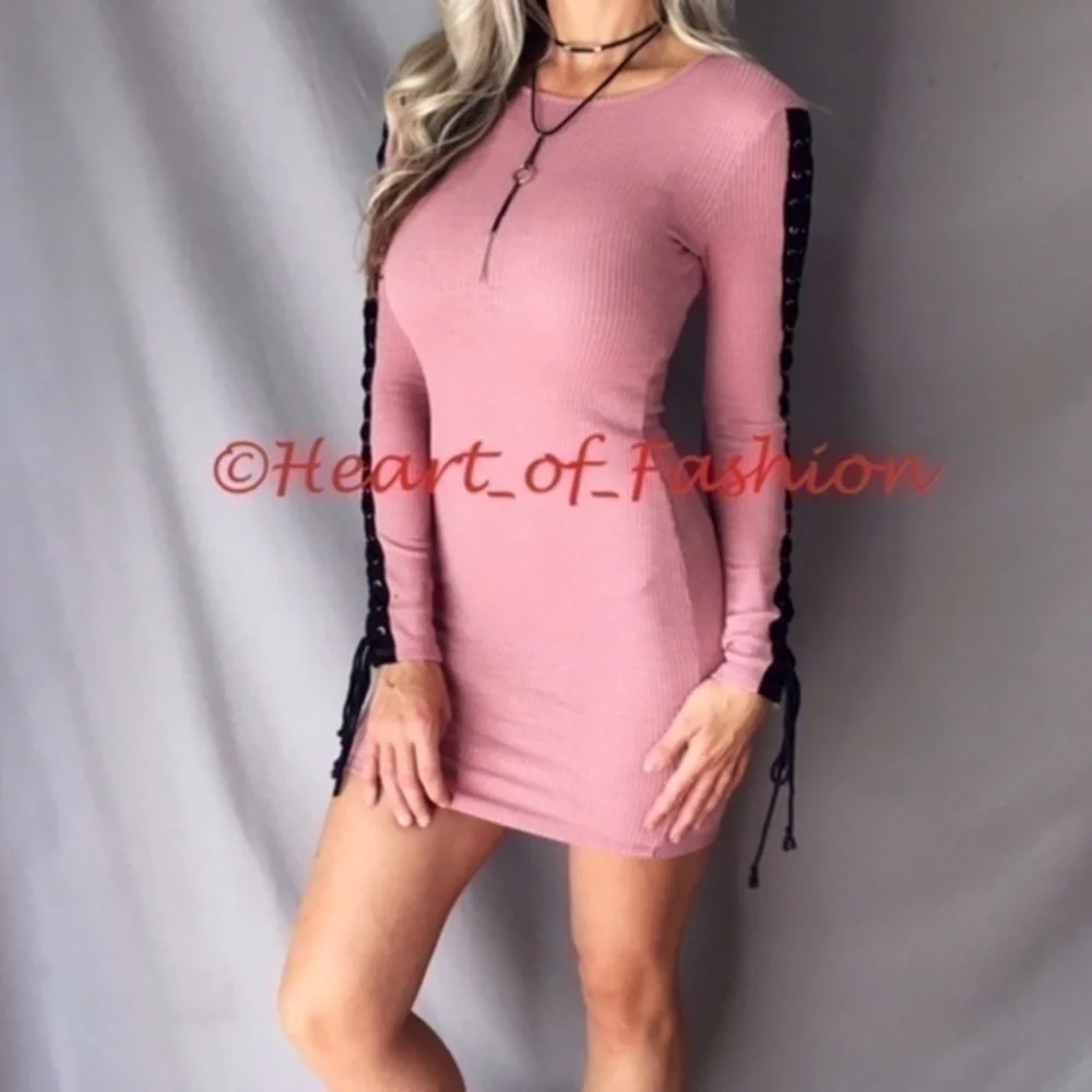 NEW Lace Up Long Sleeve Ribbed Sweater Dress M